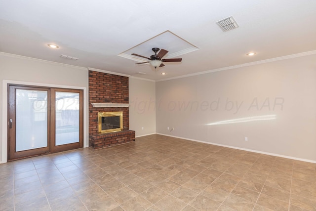 unfurnished living room with visible vents, recessed lighting, ceiling fan, and ornamental molding
