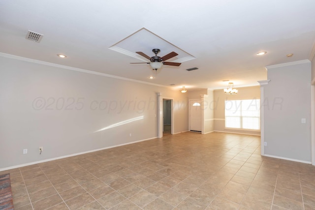 unfurnished room with visible vents, baseboards, crown molding, and ceiling fan