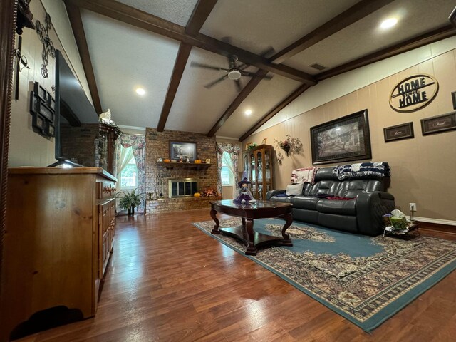 7204 SW 39th Ave, Amarillo, TX 79109 - living room with wood finished floors, ceiling fan, and a brick fireplace