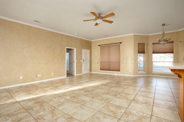 empty room with a ceiling fan, baseboards, visible vents, light tile patterned flooring, and ornamental molding