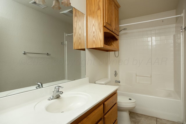 bathroom featuring tile patterned flooring, visible vents, toilet, shower / tub combination, and vanity