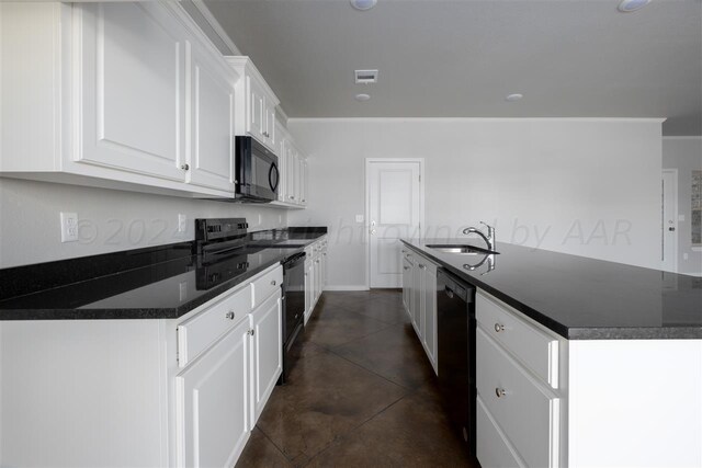 kitchen featuring white cabinetry, sink, and black appliances