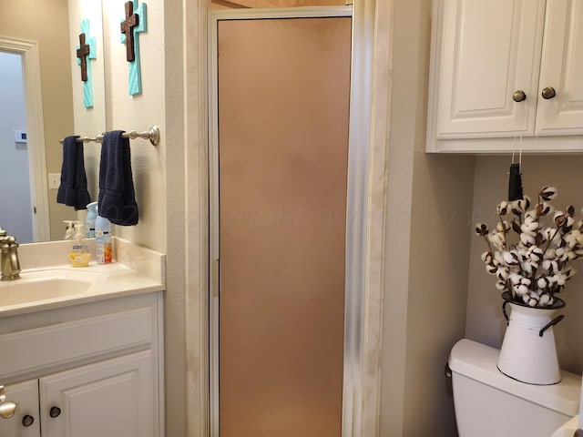 bathroom featuring a shower with shower door, vanity, and toilet