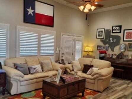 living room featuring ceiling fan