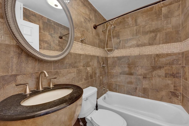 full bathroom featuring tasteful backsplash, tile walls, toilet,  shower combination, and a sink