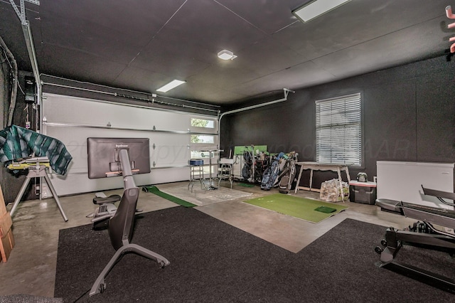 workout room featuring a garage