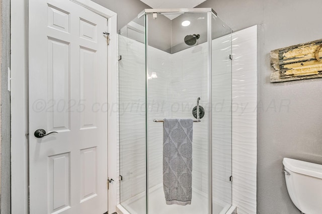 bathroom with toilet and a stall shower