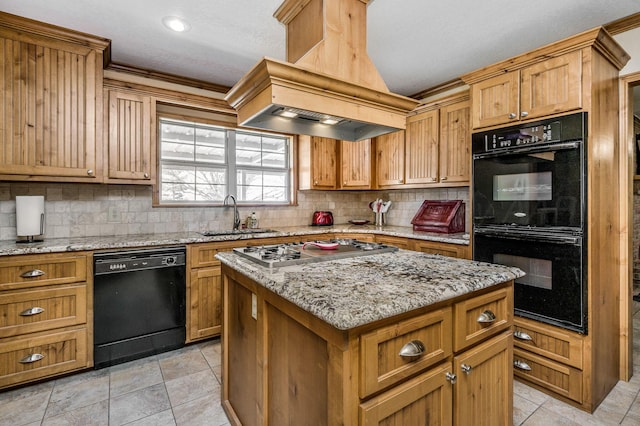 kitchen with tasteful backsplash, a center island, black appliances, custom exhaust hood, and sink