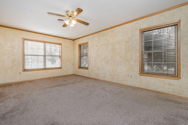 unfurnished room featuring ceiling fan, ornamental molding, and carpet