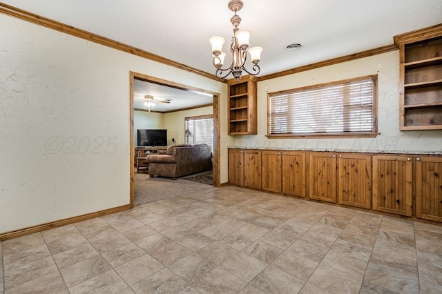 interior space featuring ceiling fan with notable chandelier and ornamental molding