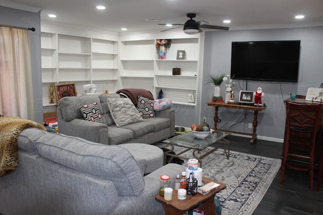 living room featuring ornamental molding, wood finished floors, a ceiling fan, and recessed lighting