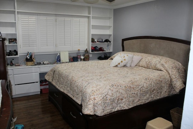 bedroom featuring dark wood-type flooring and ornamental molding