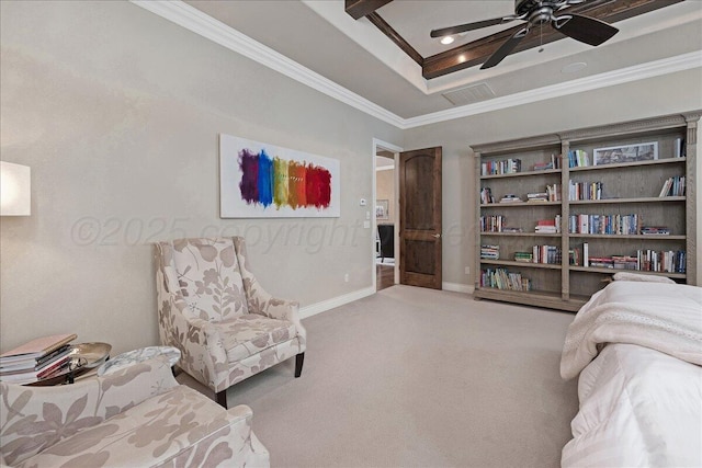 5708 Barrington Ct, Amarillo, TX 79119 - living area with baseboards, crown molding, a ceiling fan, carpet floors, and a tray ceiling