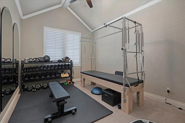 5708 Barrington Ct, Amarillo, TX 79119 - exercise room featuring ceiling fan, baseboards, vaulted ceiling, and carpet