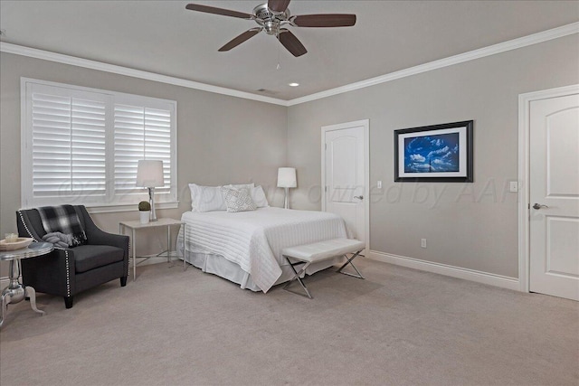 5708 Barrington Ct, Amarillo, TX 79119 - bedroom with light carpet, baseboards, crown molding, and a ceiling fan