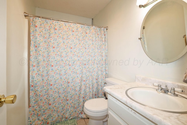 bathroom featuring curtained shower, toilet, tile patterned flooring, and vanity