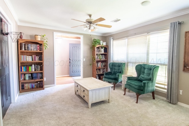 8201 Prosper Dr, Amarillo, TX 79119 - sitting room featuring ornamental molding, light colored carpet, a ceiling fan, and baseboards