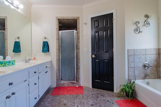 8201 Prosper Dr, Amarillo, TX 79119 - bathroom with ornamental molding, a stall shower, double vanity, and a bathtub