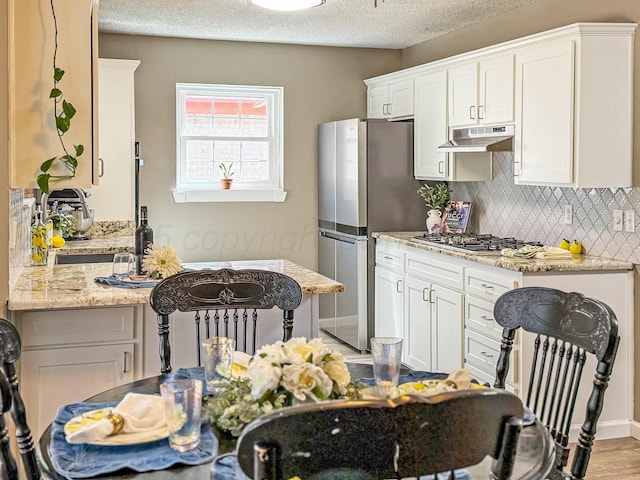 7426 Jameson Dr, Amarillo, TX 79121 - kitchen featuring under cabinet range hood, stainless steel appliances, white cabinetry, backsplash, and light stone countertops