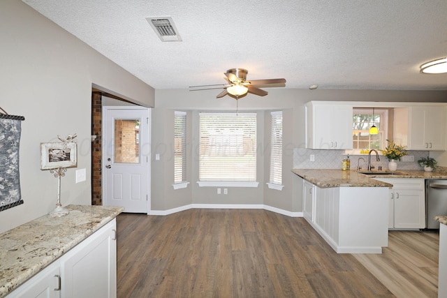 7426 Jameson Dr, Amarillo, TX 79121 - kitchen featuring wood finished floors, white cabinets, a ceiling fan, plenty of natural light, and a textured ceiling