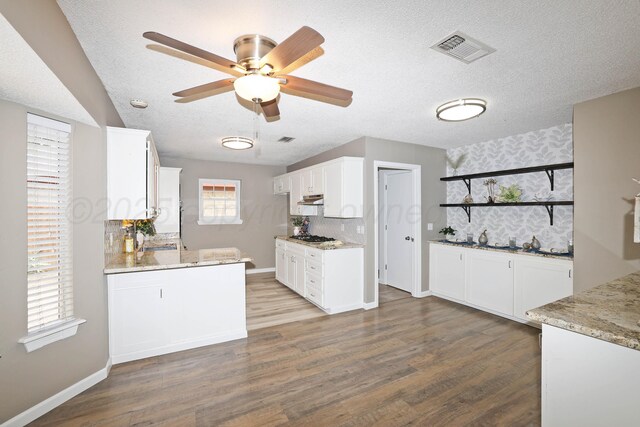 7426 Jameson Dr, Amarillo, TX 79121 - kitchen featuring wood finished floors, white cabinets, a ceiling fan, and a textured ceiling