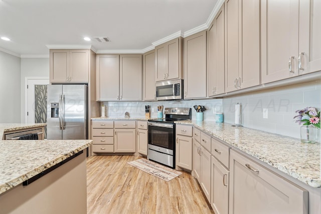 4687 E Fm 1151, Amarillo, TX 79118 - kitchen featuring stainless steel appliances, light wood-style flooring, ornamental molding, tasteful backsplash, and recessed lighting