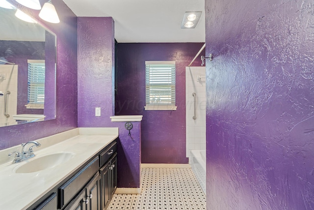 1604 Country Ln, Panhandle, TX 79068 - bathroom with vanity, tub / shower combination, and a textured wall