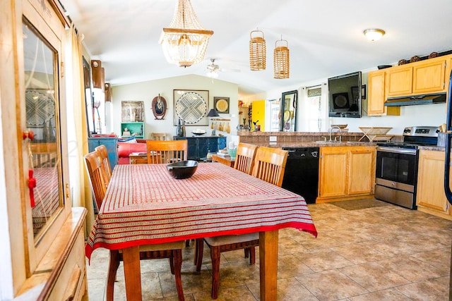 kitchen with stainless steel electric range oven, pendant lighting, dishwasher, lofted ceiling, and light brown cabinets