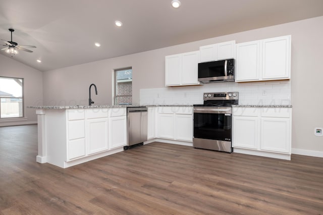 3100 Settler Ave, Amarillo, TX 79124 - kitchen featuring stainless steel appliances, a peninsula, backsplash, dark wood finished floors, and ceiling fan