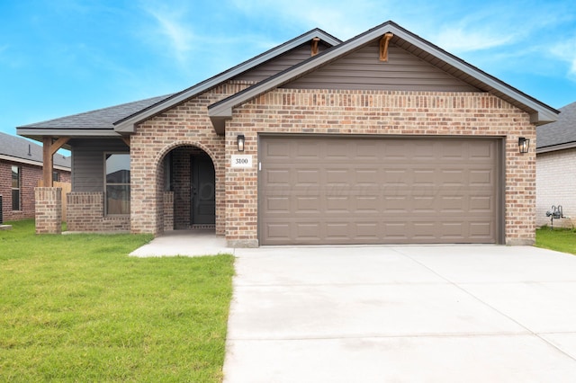 3100 Settler Ave, Amarillo, TX 79124 - view of front of property featuring brick siding, concrete driveway, a front lawn, a garage, and a shingled roof