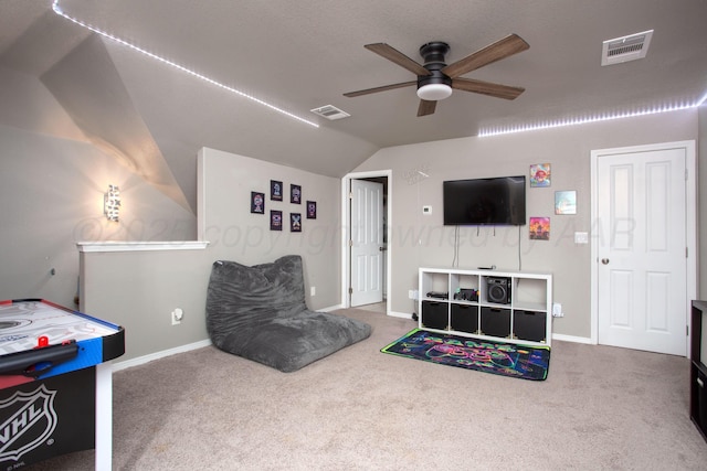 9191 E Strawberry Fields Dr, Canyon, TX 79119 - rec room with a ceiling fan, vaulted ceiling, carpet, and baseboards
