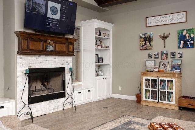 9191 E Strawberry Fields Dr, Canyon, TX 79119 - living room featuring wood finished floors, a fireplace, and baseboards