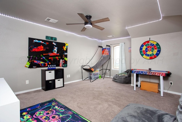 9191 E Strawberry Fields Dr, Canyon, TX 79119 - rec room featuring carpet flooring, ceiling fan, and baseboards