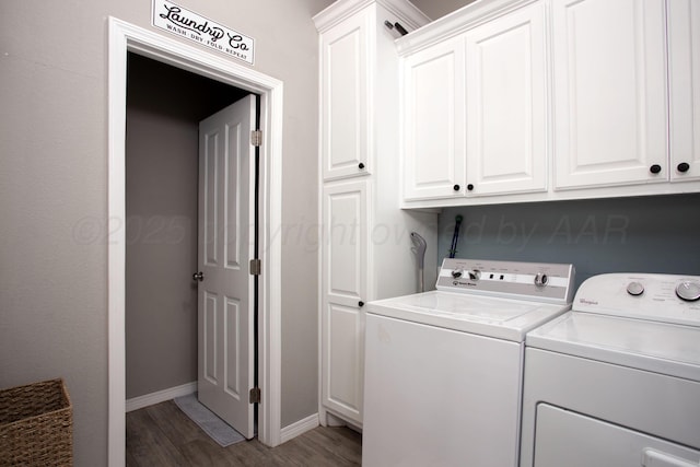 9191 E Strawberry Fields Dr, Canyon, TX 79119 - laundry room featuring washer and clothes dryer, wood finished floors, cabinet space, and baseboards