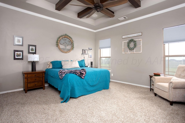 9191 E Strawberry Fields Dr, Canyon, TX 79119 - bedroom featuring carpet, beamed ceiling, coffered ceiling, baseboards, and ornamental molding