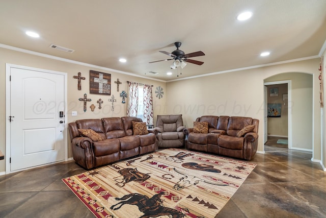 living room featuring ornamental molding and ceiling fan