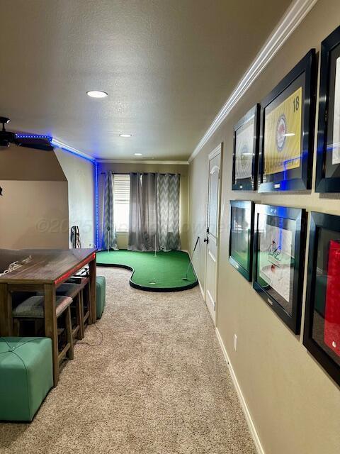 4301 Fairway Dr, Amarillo, TX 79124 - recreation room featuring carpet flooring, ornamental molding, and baseboards