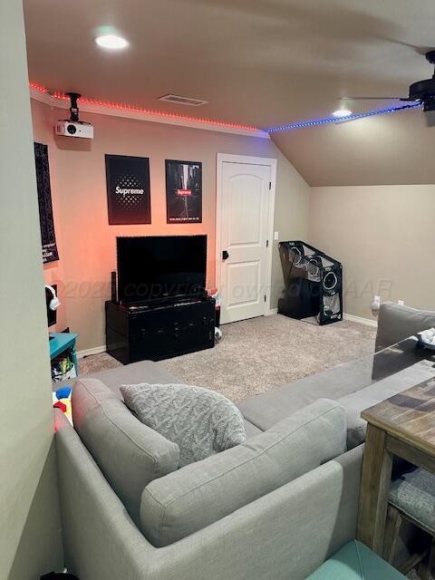 4301 Fairway Dr, Amarillo, TX 79124 - carpeted living room with baseboards and a ceiling fan