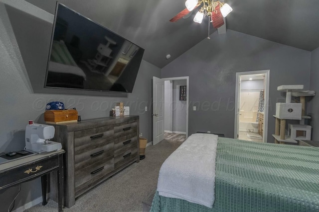 bedroom featuring connected bathroom, vaulted ceiling, a ceiling fan, and carpet flooring