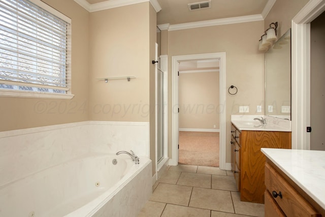 bathroom with tile patterned flooring, vanity, separate shower and tub, and crown molding