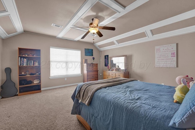 8313 Irvington Ct, Amarillo, TX 79119 - carpeted bedroom with vaulted ceiling, multiple windows, baseboards, and ceiling fan