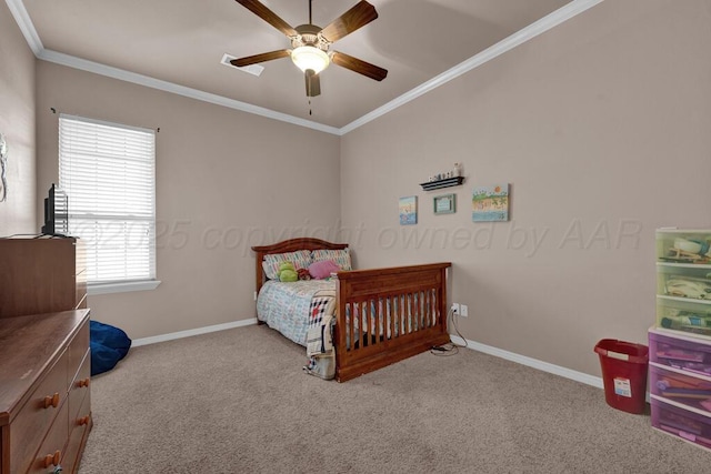 8313 Irvington Ct, Amarillo, TX 79119 - bedroom with carpet flooring, baseboards, crown molding, and ceiling fan