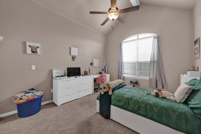 8313 Irvington Ct, Amarillo, TX 79119 - bedroom featuring carpet, vaulted ceiling, and ceiling fan