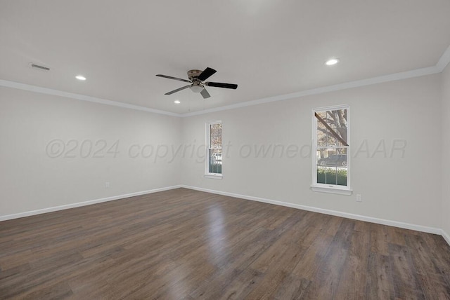 4204 Roxton Dr, Amarillo, TX 79109 - empty room with healthy amount of natural light, dark wood-style floors, crown molding, recessed lighting, and ceiling fan