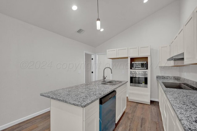 4204 Roxton Dr, Amarillo, TX 79109 - kitchen with appliances with stainless steel finishes, under cabinet range hood, dark wood finished floors, vaulted ceiling, and light stone countertops