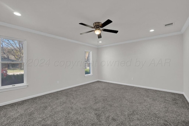 4204 Roxton Dr, Amarillo, TX 79109 - empty room featuring ceiling fan, healthy amount of natural light, carpet floors, recessed lighting, and crown molding