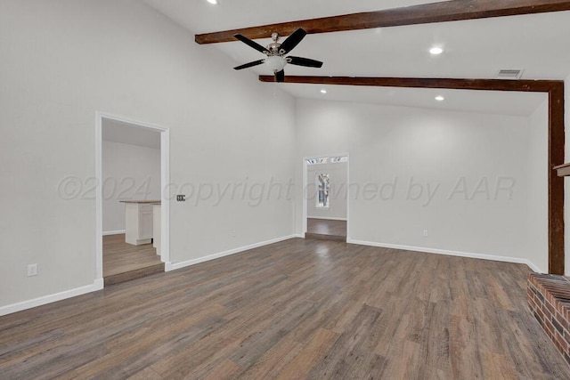 4204 Roxton Dr, Amarillo, TX 79109 - spare room featuring ceiling fan, beam ceiling, wood finished floors, recessed lighting, and high vaulted ceiling