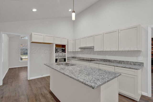 4204 Roxton Dr, Amarillo, TX 79109 - kitchen with stainless steel microwave, under cabinet range hood, black electric stovetop, high vaulted ceiling, and dark wood-style floors