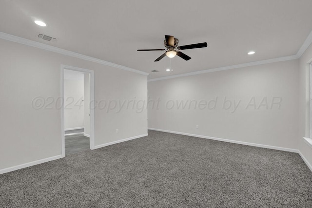 4204 Roxton Dr, Amarillo, TX 79109 - empty room featuring a ceiling fan, dark carpet, recessed lighting, and ornamental molding