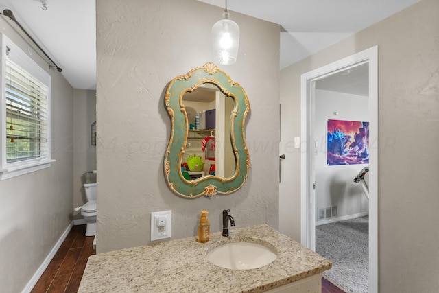 bathroom featuring hardwood / wood-style flooring, vanity, and toilet